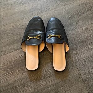 Black Leather Loafers with Gold Accent